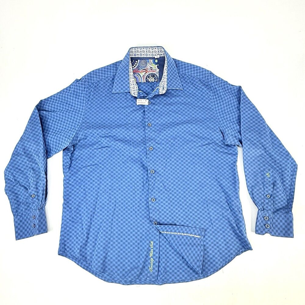 Robert Graham Button Shirt Men XL Blue Navy Check Flip Cuff Collar Cotton